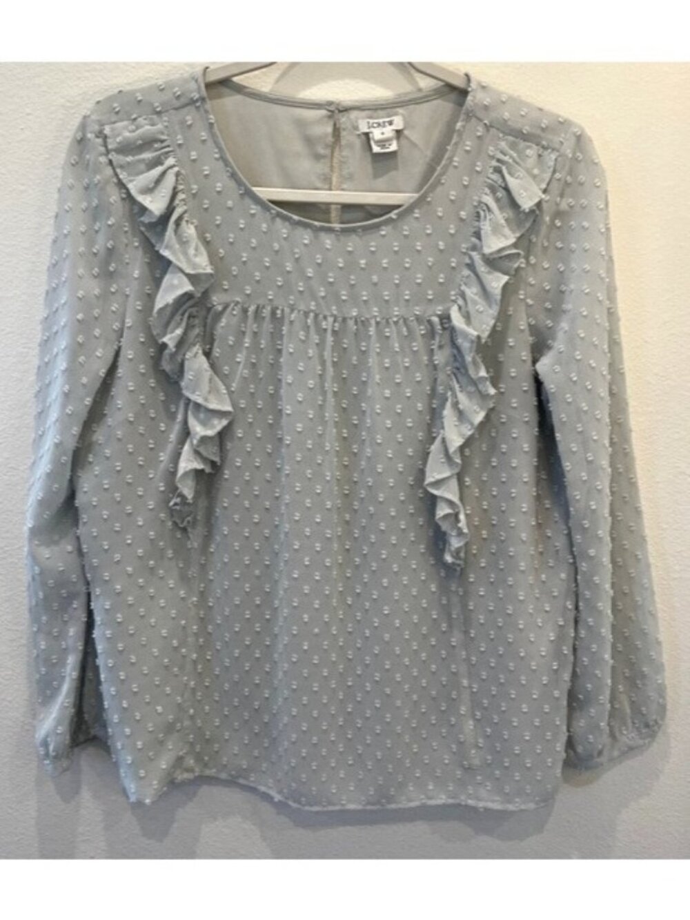 J. Crew Ruffle Front Blouse in Clip Swiss Dot Light Green Size 6 Office Teacher